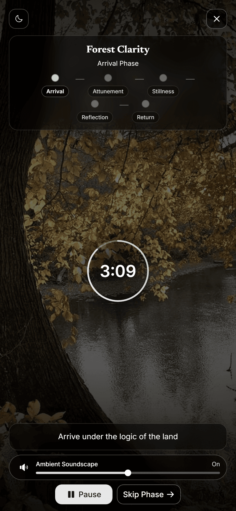 Silent Hour session screen showing Arrival phase with timer and phase path